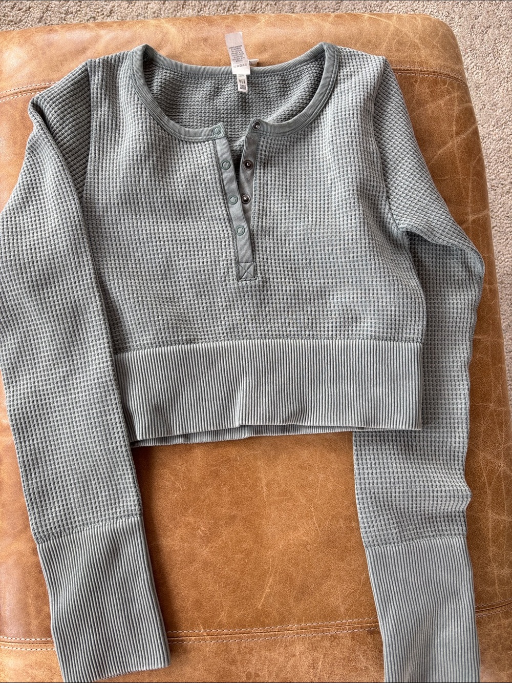 Waffle Knit Henley Crop Top - Sage Green